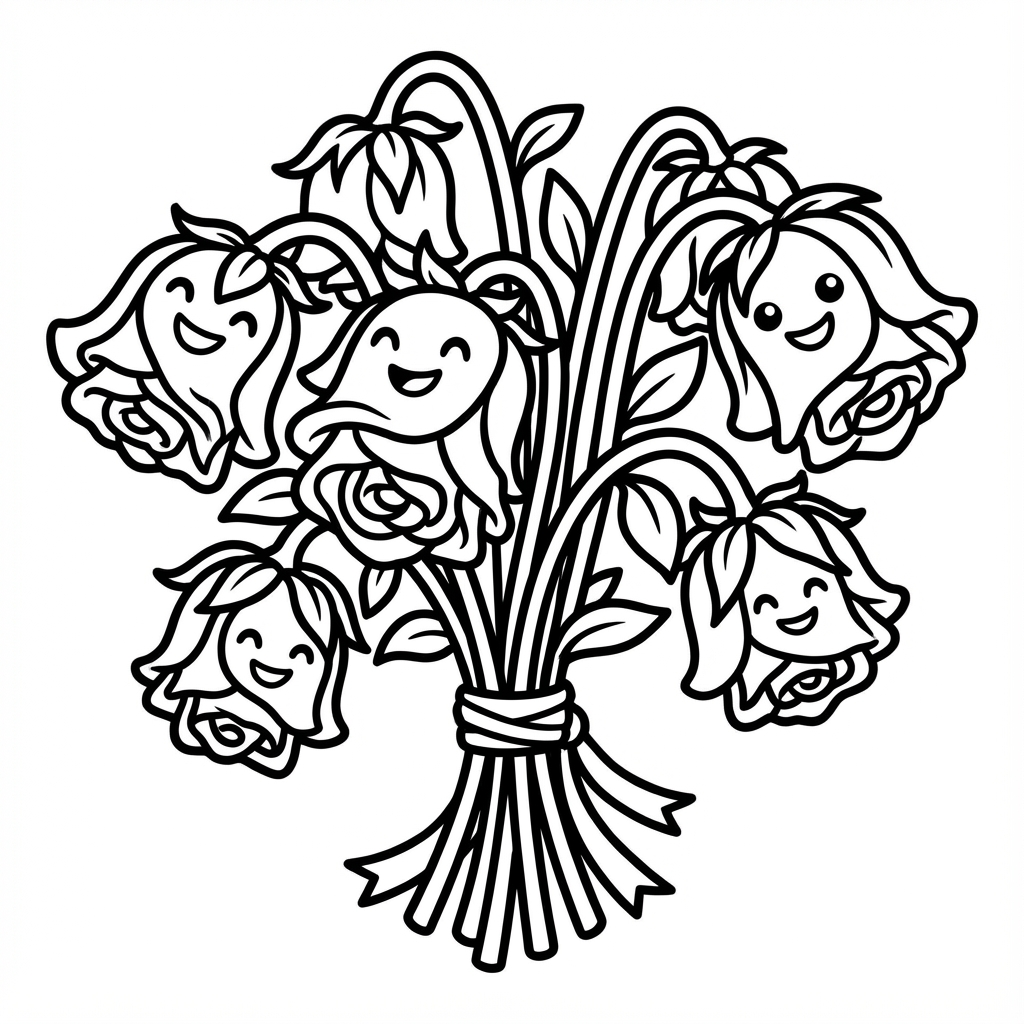 A bouquet of smiling ghost flowers, perfect for large outline coloring pages and simple line art coloring printable.